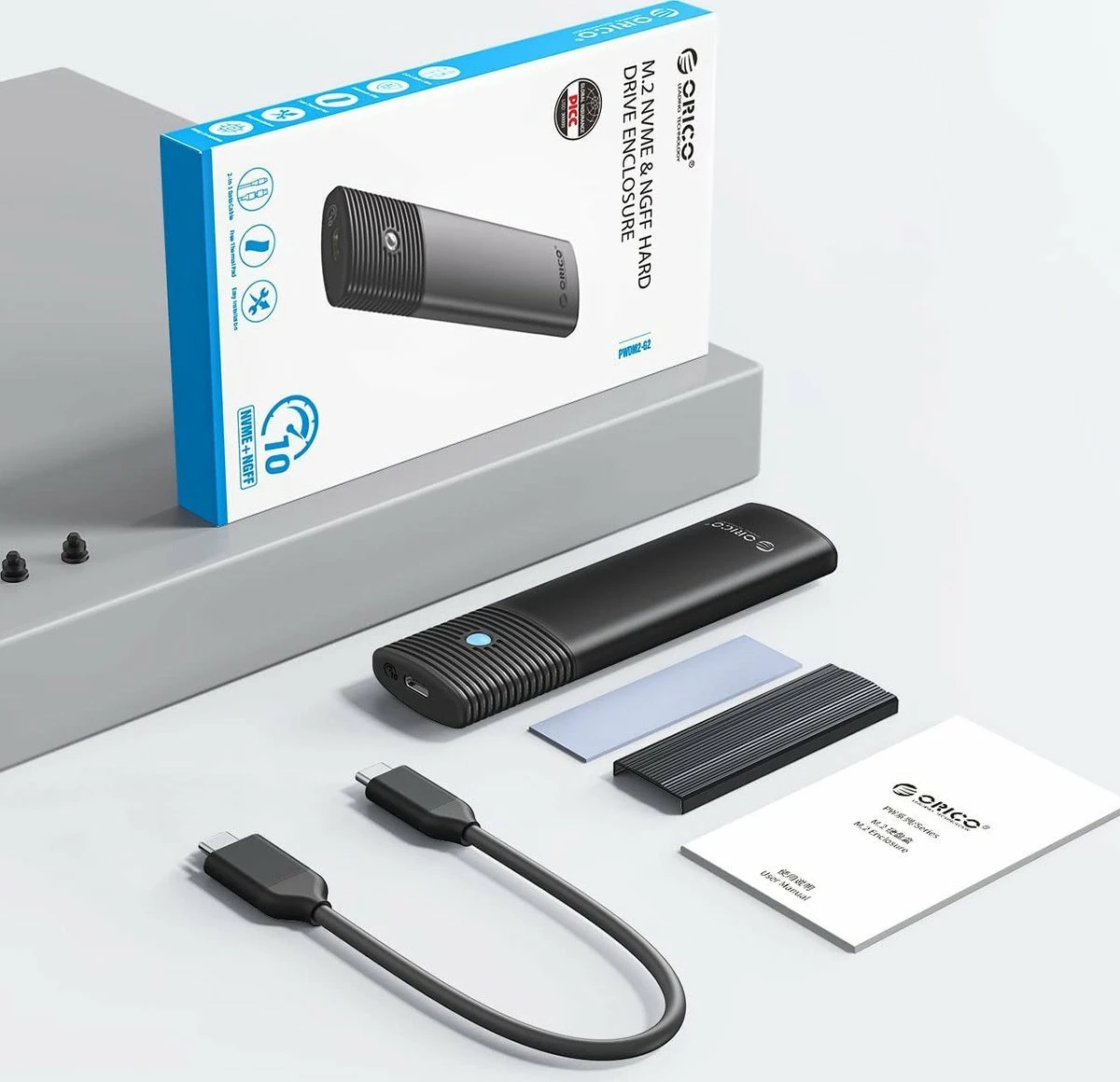 Kasë eksterne për SSD M.2 Orico PWDM2-G2-BK-EP, USB-C 3.2 Gen 2 10Gbps, NVMe/SATA, e zezë