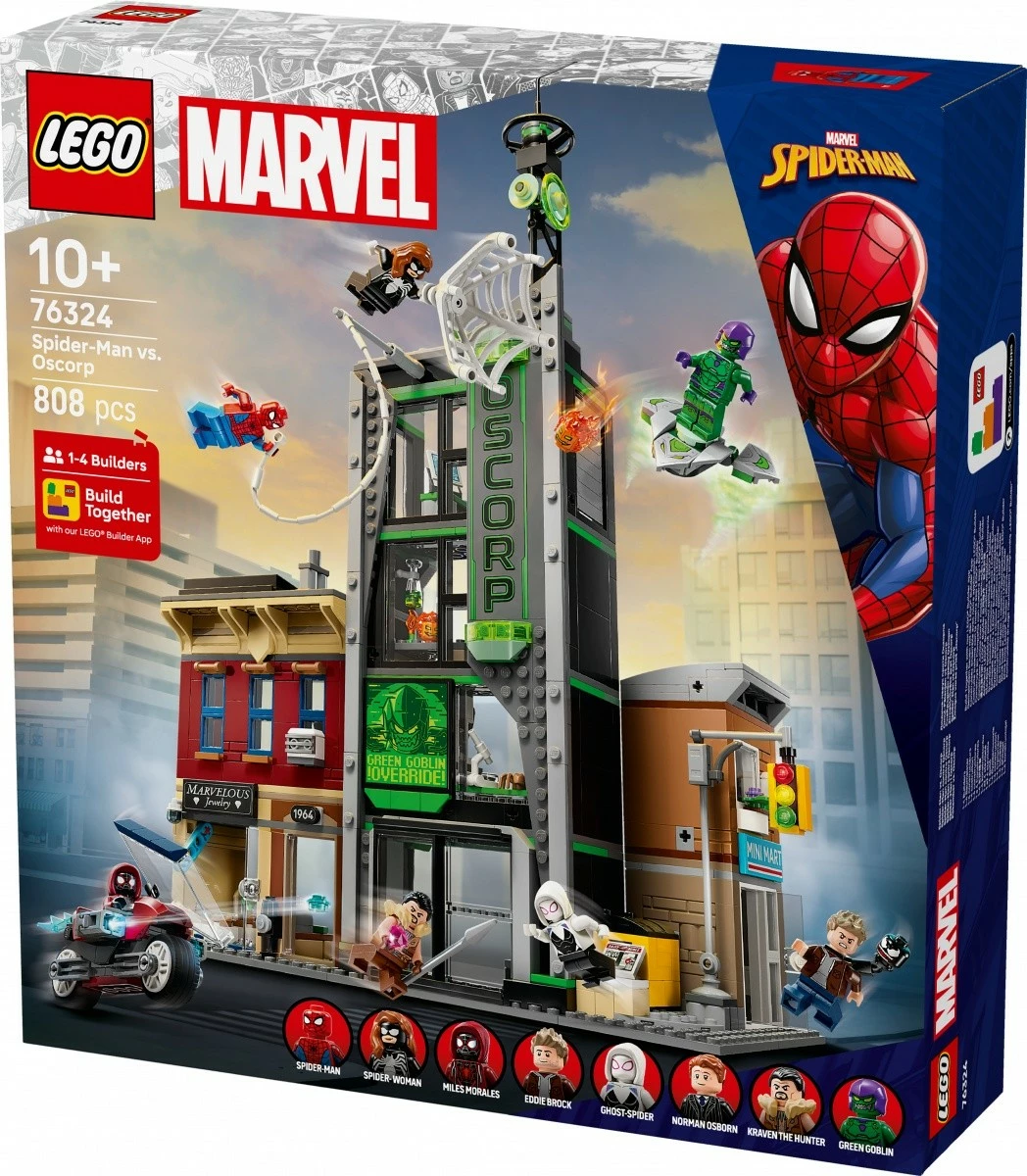Set LEGO Marvel Spider-Man dhe Oscorp 76324, 808 pjesë, për fëmijë 10+, me 8 minifigura