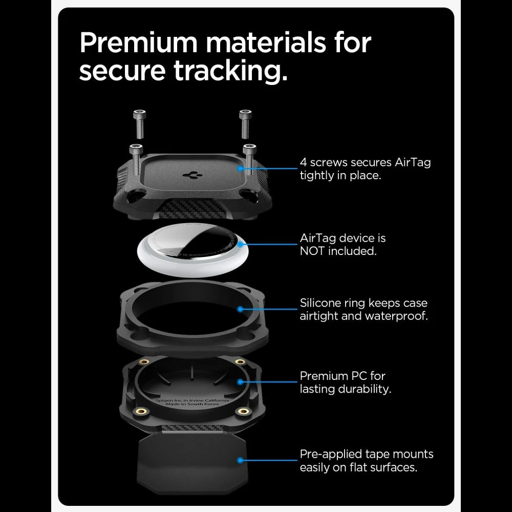 Mbështjellës për AirTag Spigen Tough Armor, IPX8, me vida dhe ngjitës 3M, i zi