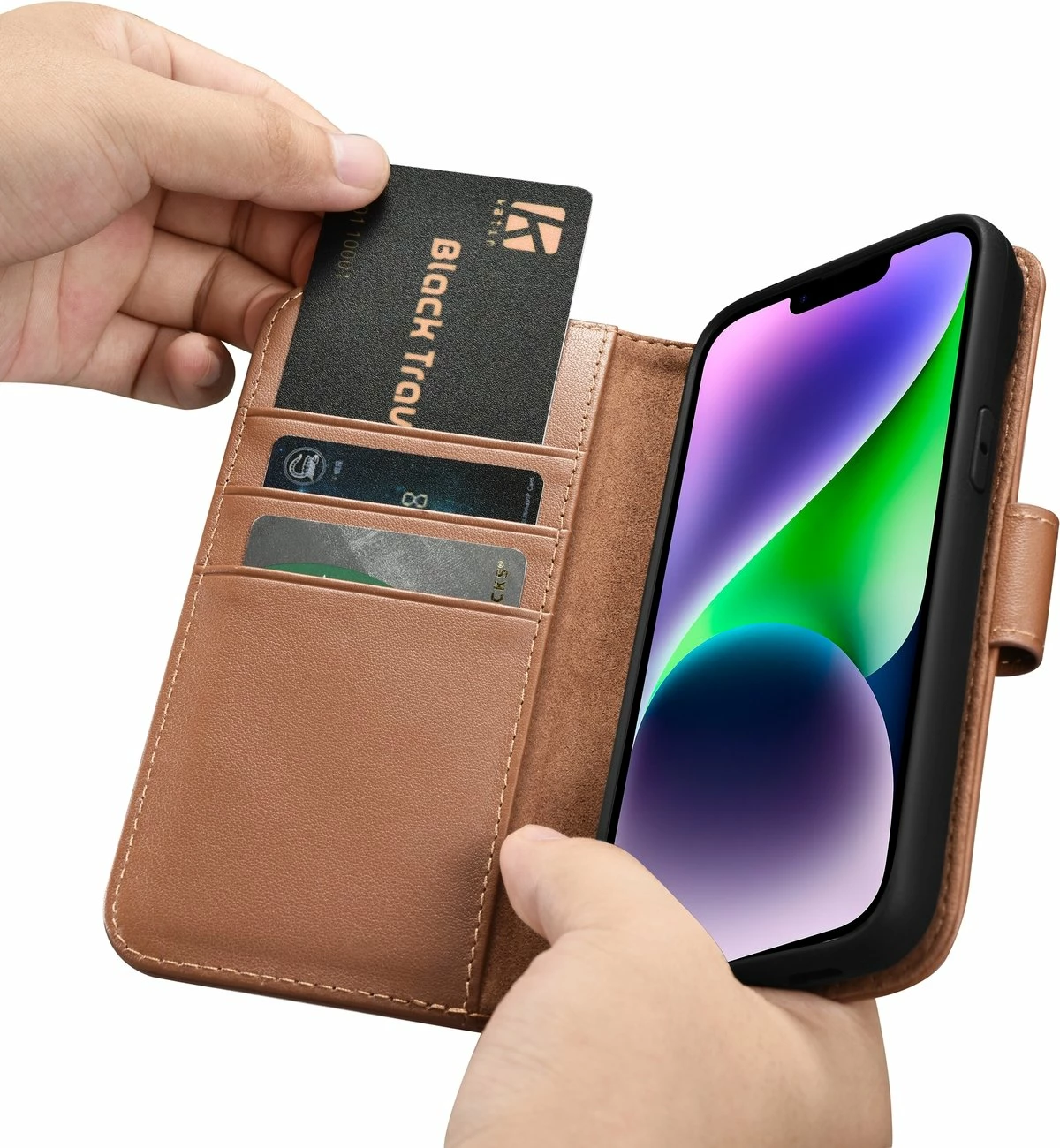 Mbështjellës iCarer Wallet 2in1 për iPhone 14 Plus, lëkurë natyrale, Anti-RFID, Kafe
