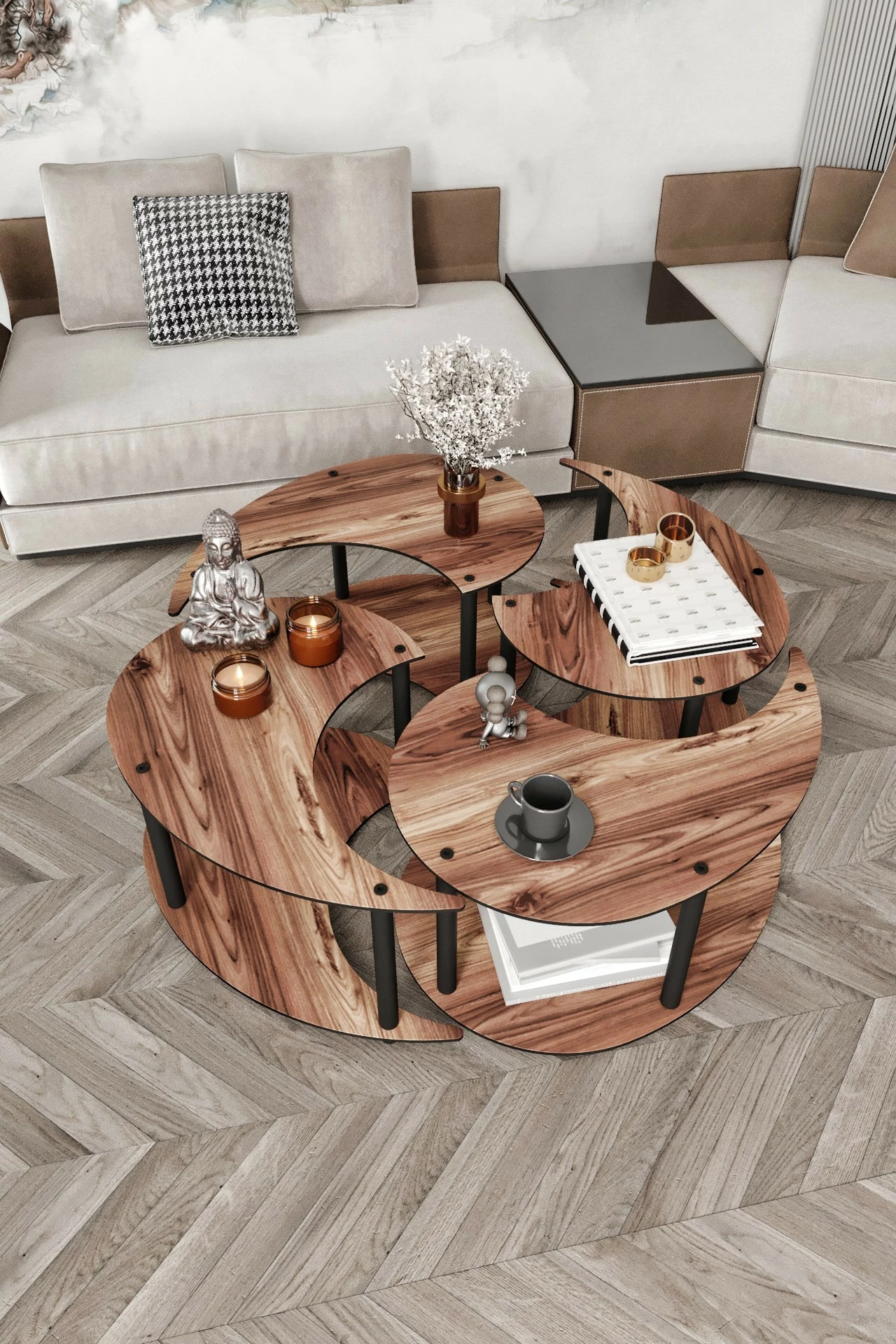 Set tavoline kafeje, Skye Decor, Yin Yang 4 copë, ngjyrë arre, 70cm
