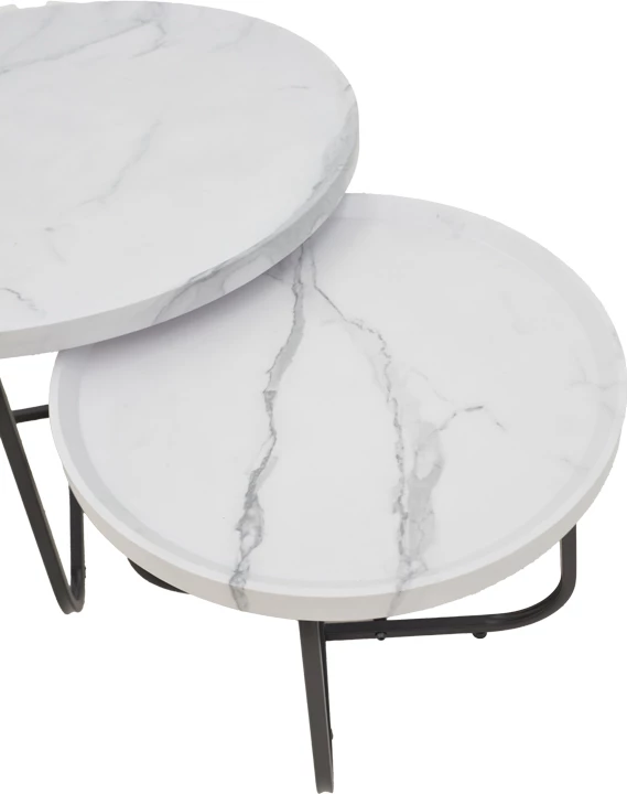 Set tavolinash kafeje Crismory, MDF, ngjyrë mermeri të bardhë dhe këmbë metali të zeza