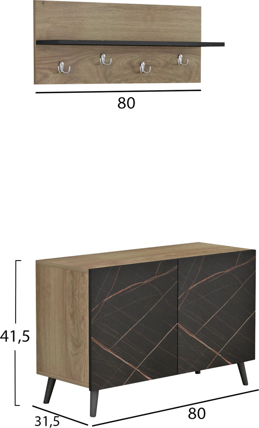 Set mobiljesh për hyrje DELPHINE FH8876.12 melaminë në ngjyrë mermeri të zi-dru natyral 80x31,3x41,5Hcm