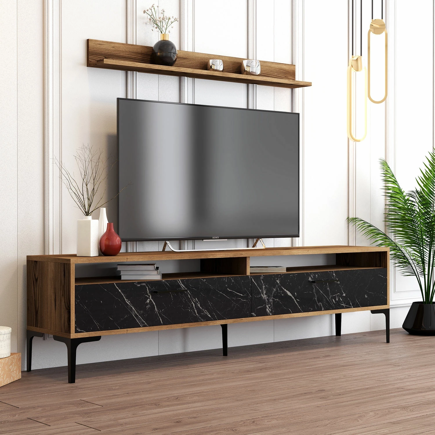 Komodë TV Hanah Home, Istanbul, ngjyrë arre dhe mermer i zi