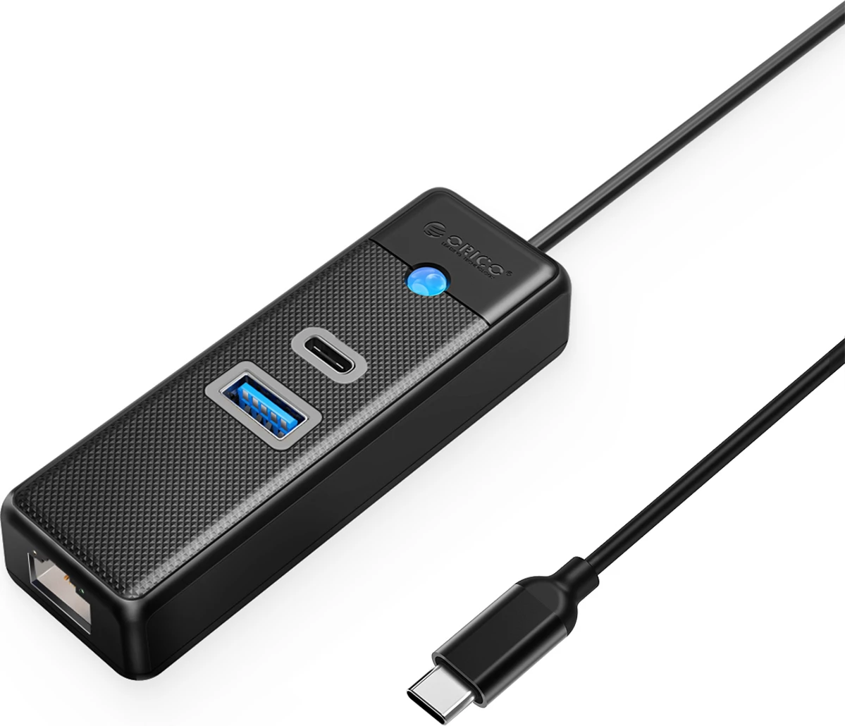 Hub USB-C Orico PWCUR-C3, 3 porta (USB-A 3.0 + USB-C 3.0 + RJ45 Gigabit), kabllo 1 m, i zi