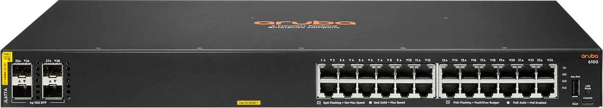 Switch HPE Aruba Networking CX 6100, 24x Gigabit PoE+ Class 4, 4x SFP+ 10G, 370W