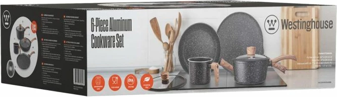 Set tenxhere alumini Westinghouse WCCS008506AMBB, 6 copë, ngjyrë e zezë me pika dhe dru