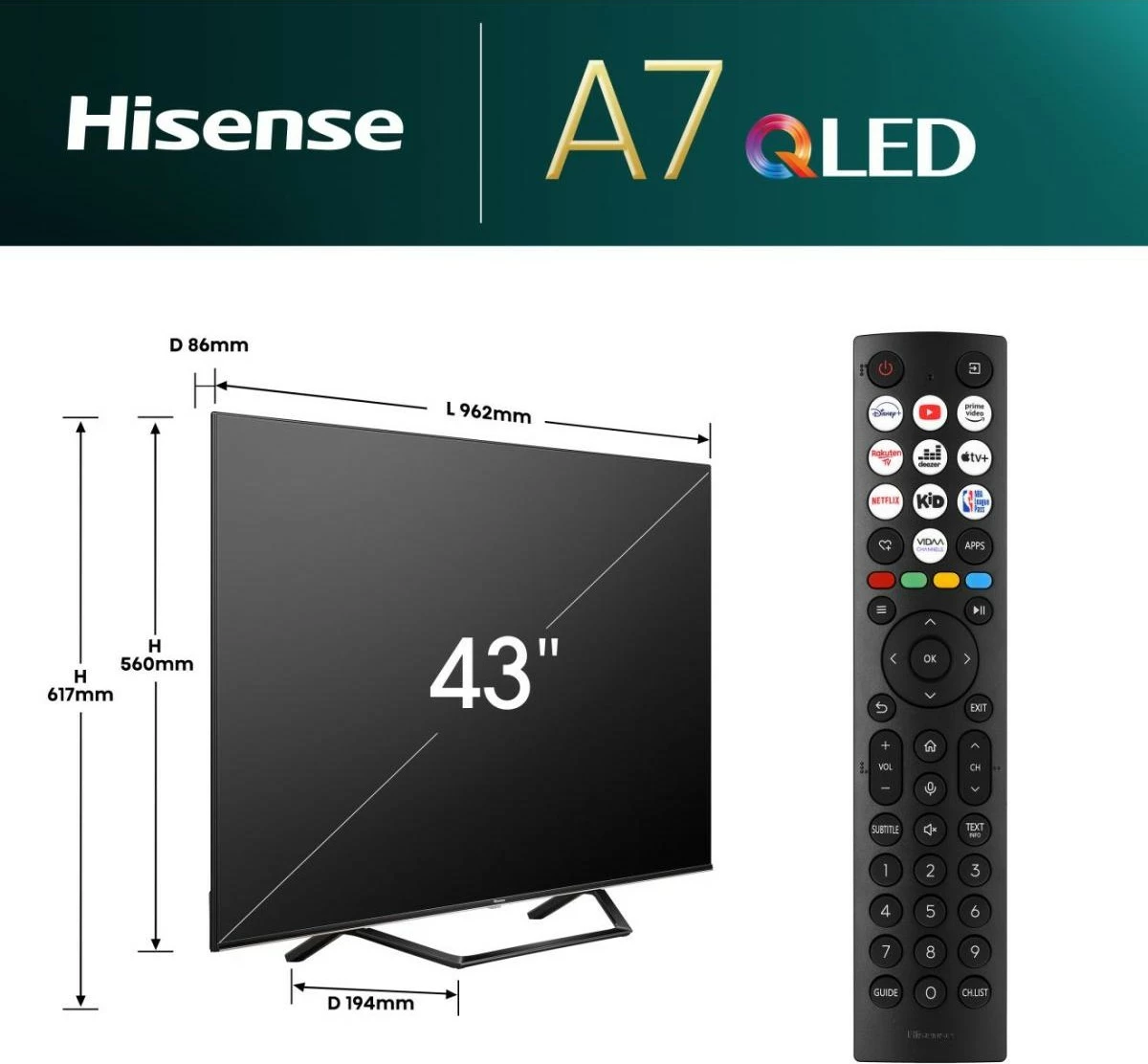 QLED TV Hisense 43A7NQ, 43 inç, 4K, Smart TV, gri