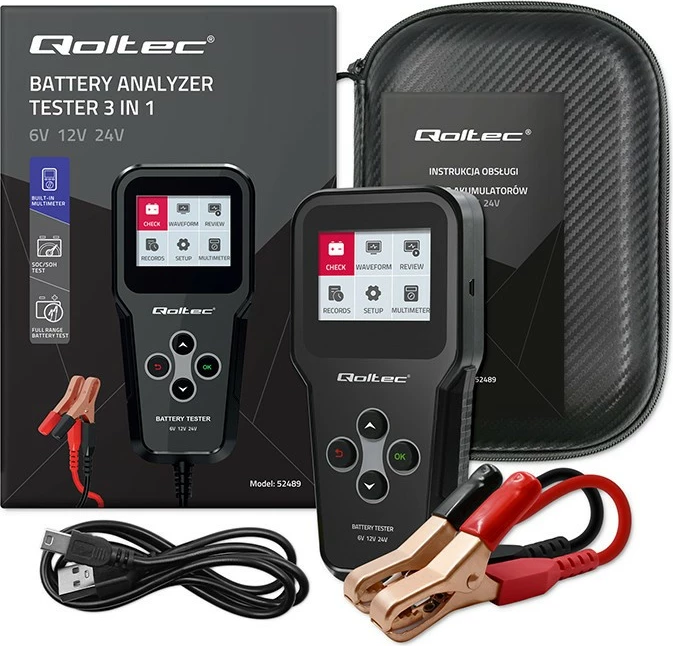 Tester baterie Qoltec 3-në-1, model 52489, LCD, 6V/12V/24V, i zi, me etui