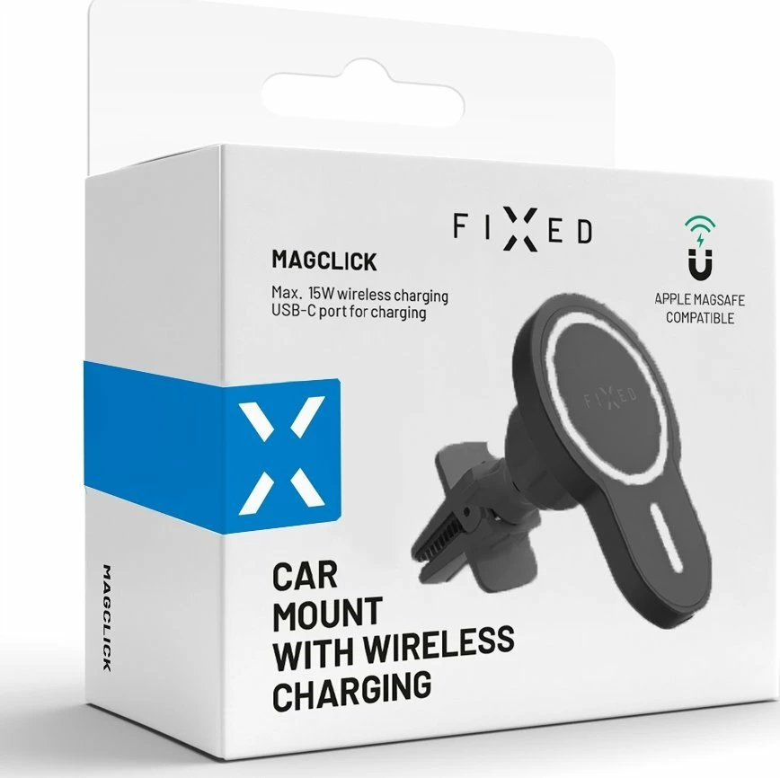 Mbajtës celulari për veturë Fixed MagClick XL FIXMCLI-XL-BK, MagSafe, karikim pa kabllo 15W, i zi, set me adapter ventilimi + kabllo USB-C 1m