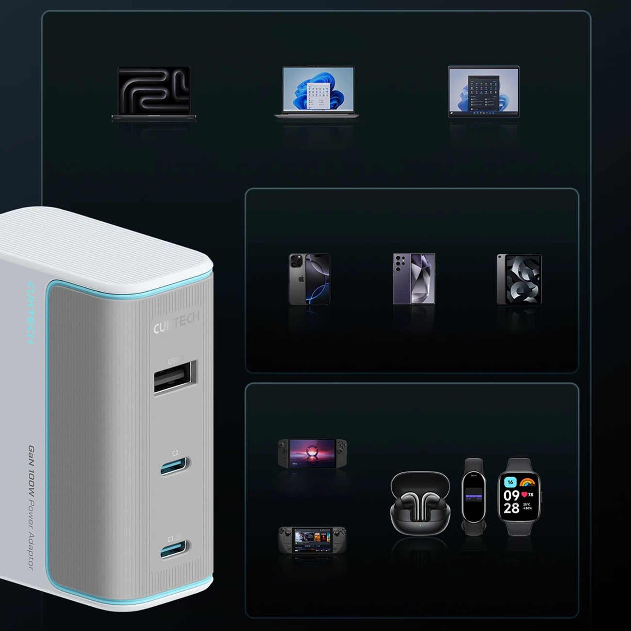 Karikues muri Cuktech AD1003EU 100W GaN, 2x USB-C + USB-A, me kabllo USB-C në USB-C, i bardhë