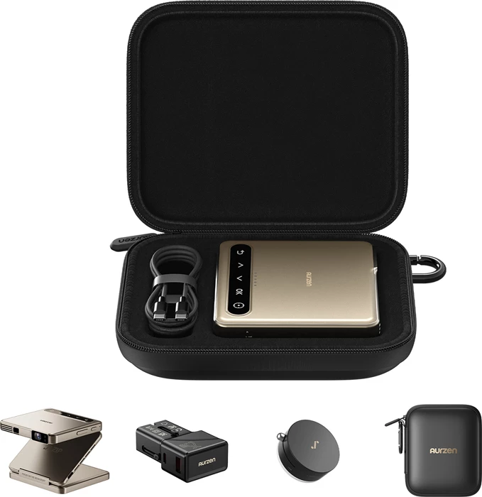 projektor portativ Aurzen Zip AU-PJ-ZP001M-EUGD0, DLP 720p, 100 ANSI, bateri 5000 mAh, set me çantë + karikues udhëtimi + Magplay mount, ngjyrë ari