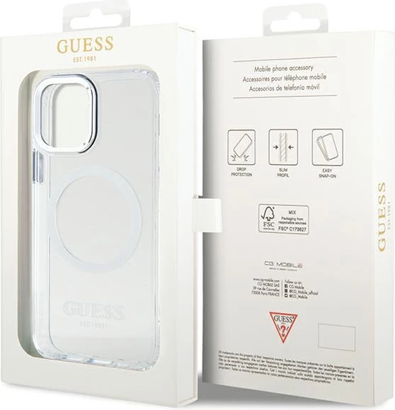 Mbështjellës Guess Metal Outline Magsafe për iPhone 12 / iPhone 12 Pro, argjend