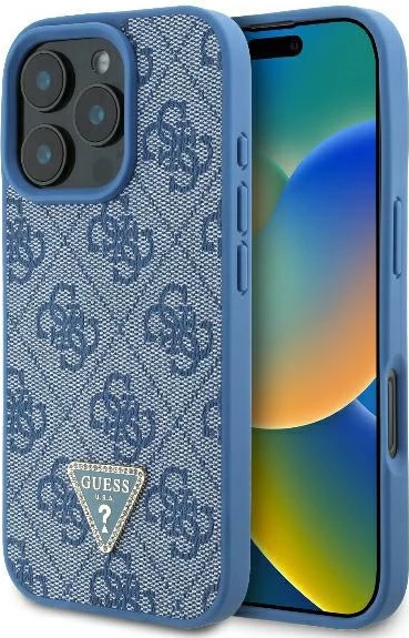 Mbështjellës Guess Leather 4G Triangle Strass për iPhone 16 Pro Max, MagSafe, Kaltër