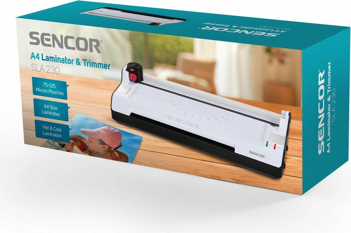 Laminator 2‑në‑1 Sencor SLA 230 A4, folje 2x75–2x125 µm, laminim i nxehtë/ftohtë, me gilotinë, grafit/bardhë