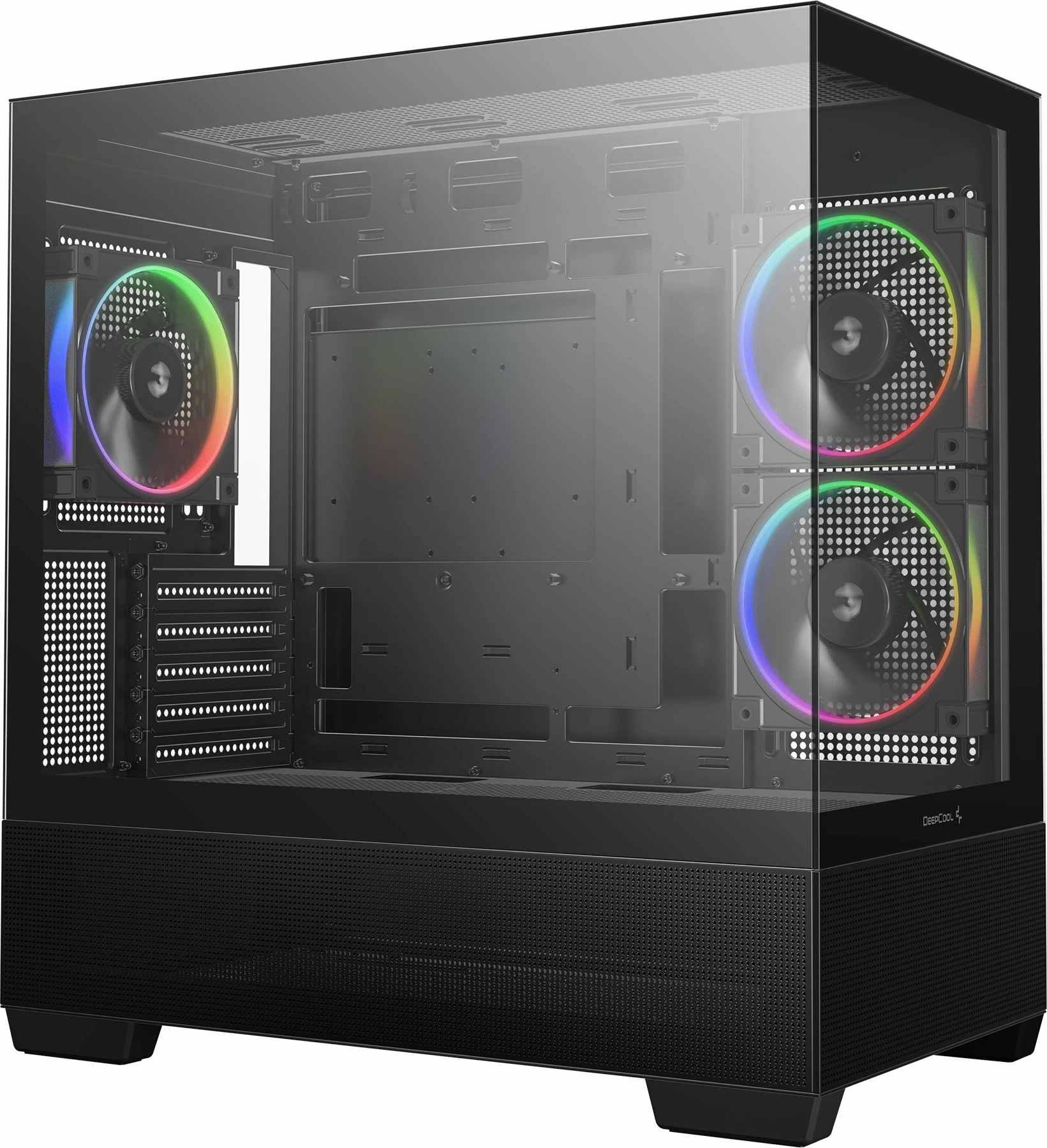 Kasë Deepcool CG380 3F Micro-ATX/ITX, xham i temperuar panoramik, 3x 120mm PWM ARGB, USB-C, pa PSU, e zezë