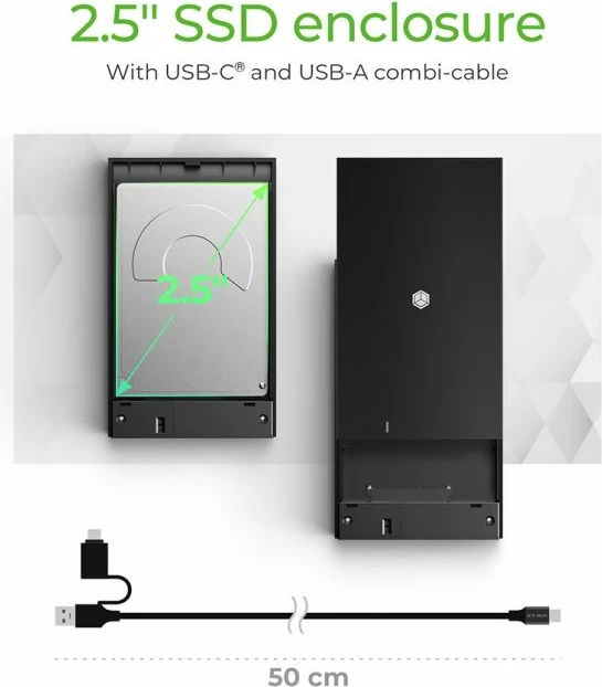 Kasë eksternale për HDD/SSD 2.5\" SATA ICYBOX IB-200T-C3, USB-C 3.2, 5Gb/s, tool-less, e zezë