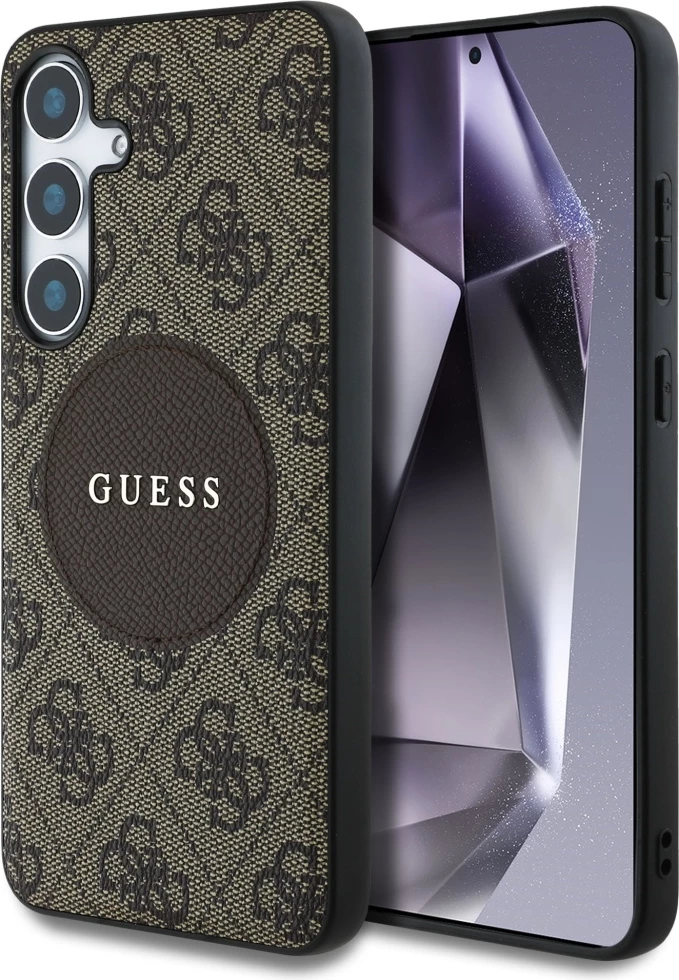 Mbështjellës Guess 4G Round Patch Classic Logo MagSafe për Samsung Galaxy S25, Kafe
