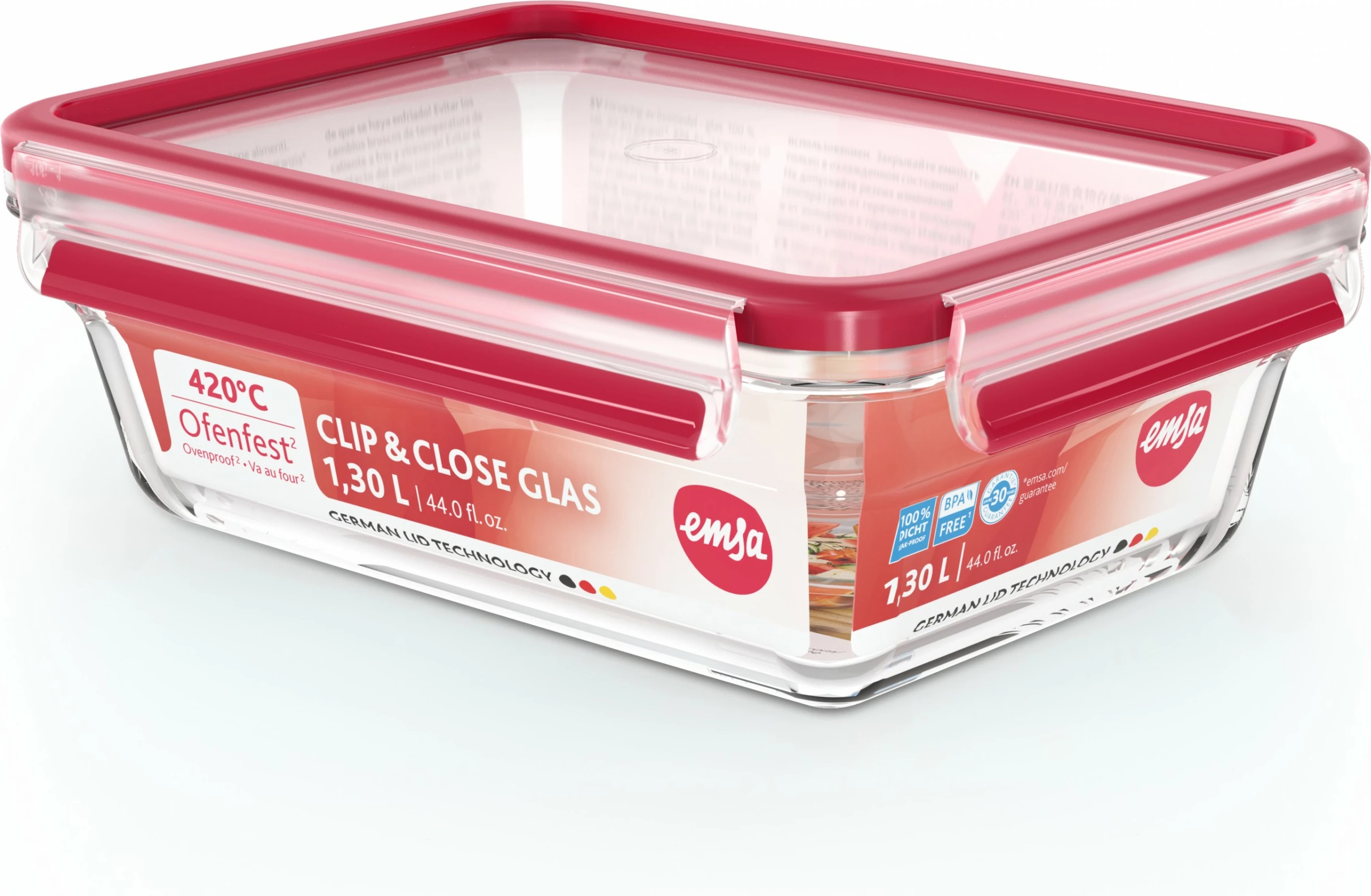 Enë ushqimi Emsa Clip & Close N10410, 1.3L, xham, kapak i kuq