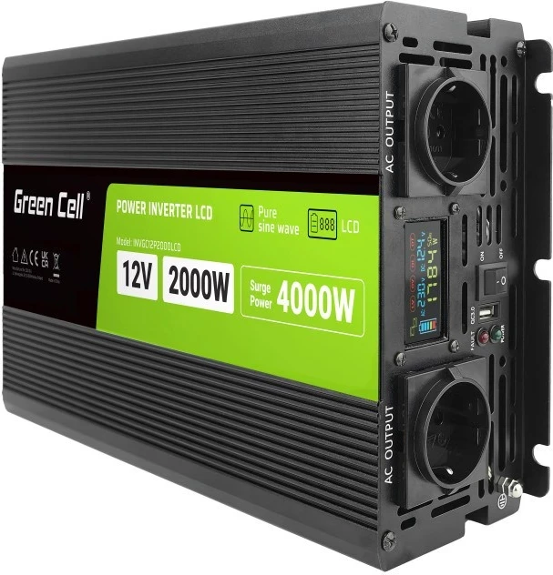 Inverter për makinë Green Cell PowerInverter LCD 12V në 230V 2000W/40000W me ekran LCD - valë të pastër