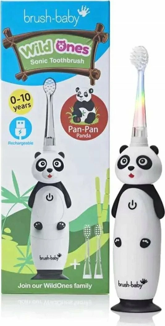 Furçë dhëmbësh elektrike Brush-baby WildOnes Panda, sonike 16000 lëvizje/min, 2 moda, set me 3 koka, e bardhë