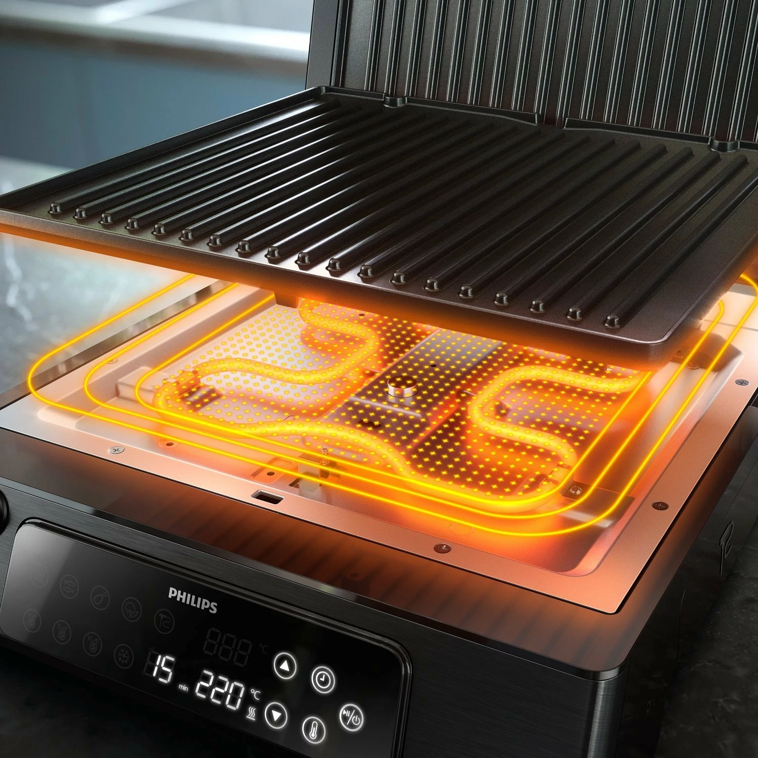 Grill elektrik Philips HD6307/70 2200W kontakt, kontroll temperature, timer, termometër, i zi