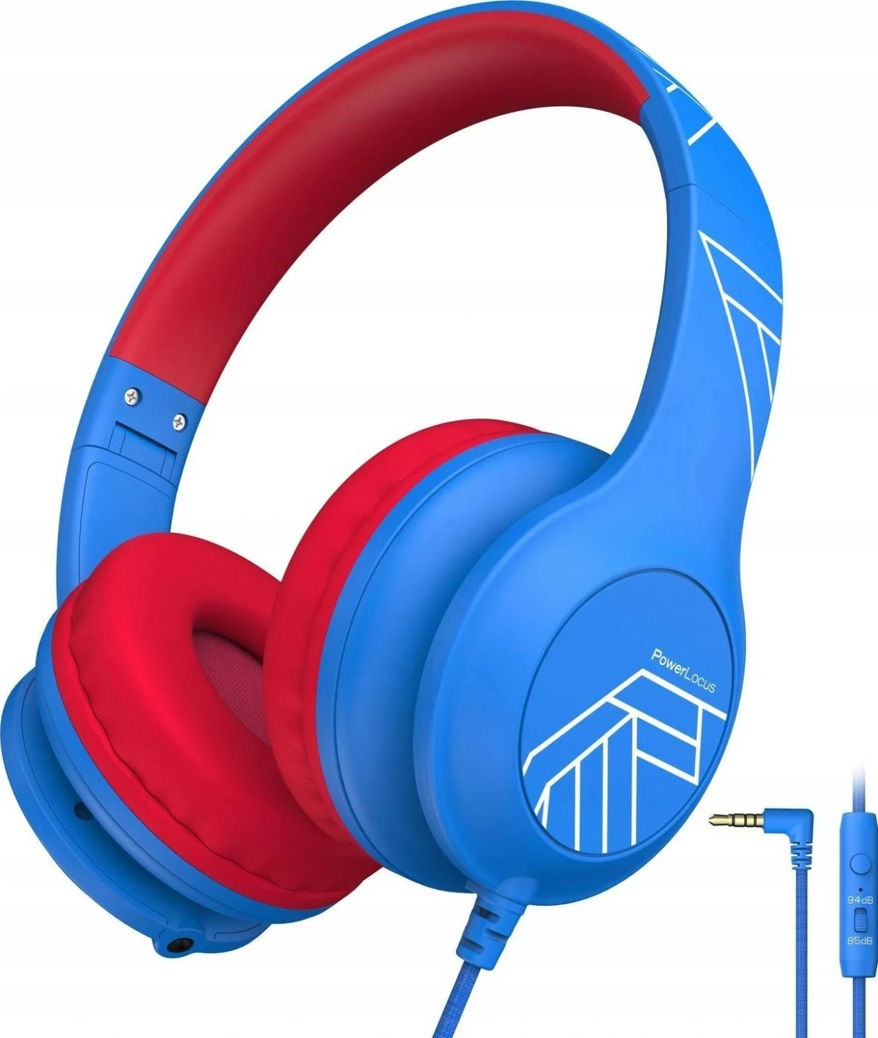 Kufje PowerLocus PLED Kids Wired, mini-jack 3.5mm, me mikrofon, të palosshme, blu/kuqe
