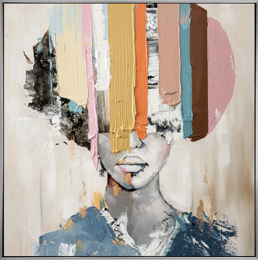 Pikturë dekorative Colorful Woman, shumëngjyrëshe, kornizë argjendi, 80x80x5cm