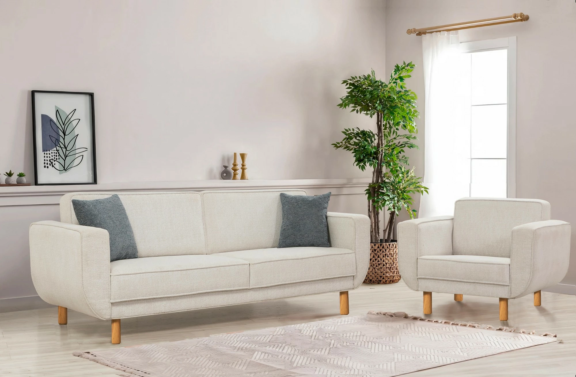 Set divani me krevat Atelier del Sofa, Lorus, ngjyrë lisi dhe krem