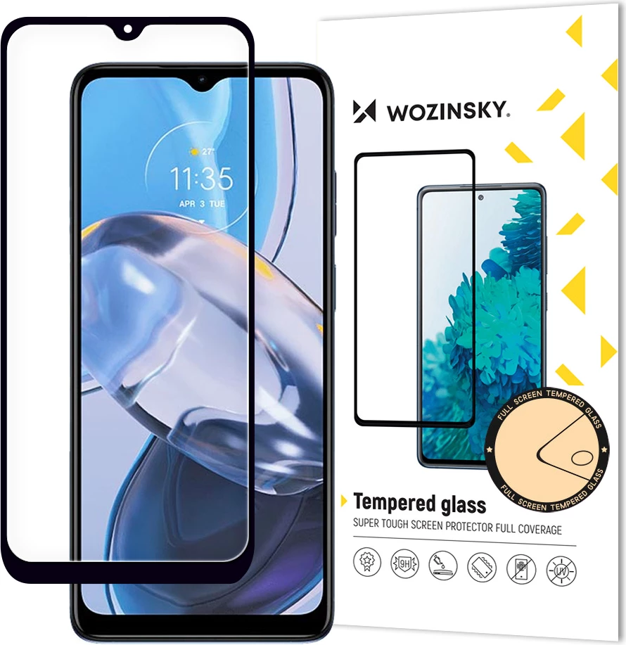 Xham i temperuar Wozinsky Full Glue për Motorola Moto E22/E22i, me kornizë, i zi