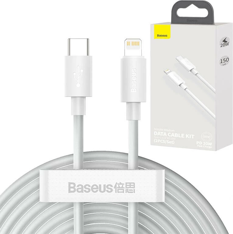 Set kabllo Baseus Simple Wisdom Data Cable Kit, USB-C në Lightning, 1.5m, 20W, Bardhë, 2 copë
