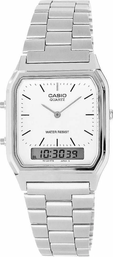 Orë dore Casio AQ-230A-7DMQ analog-digjitale për femra, rrip metalik, 3 BAR, argjend