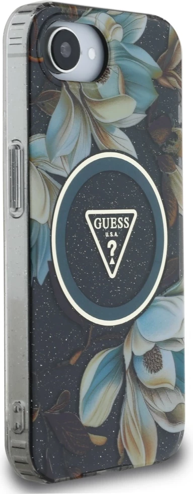 Mbështjellës Guess IML Metal Glitter Flowers Triangle MagSafe për iPhone 16e, zi