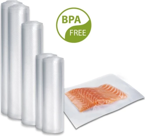 Set qese vakumi dhe role folie CASO Complete Foil 5 1237, 50x 16×23 cm + 5 role (2x 20×600 cm, 1x 28×600 cm, 2x 30×600 cm), BPA-free, transparent