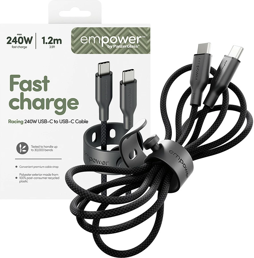 Kabllo PanzerGlass empower Racing USB-C në USB-C, 240W, 1.2m, USB 2.0, e zezë