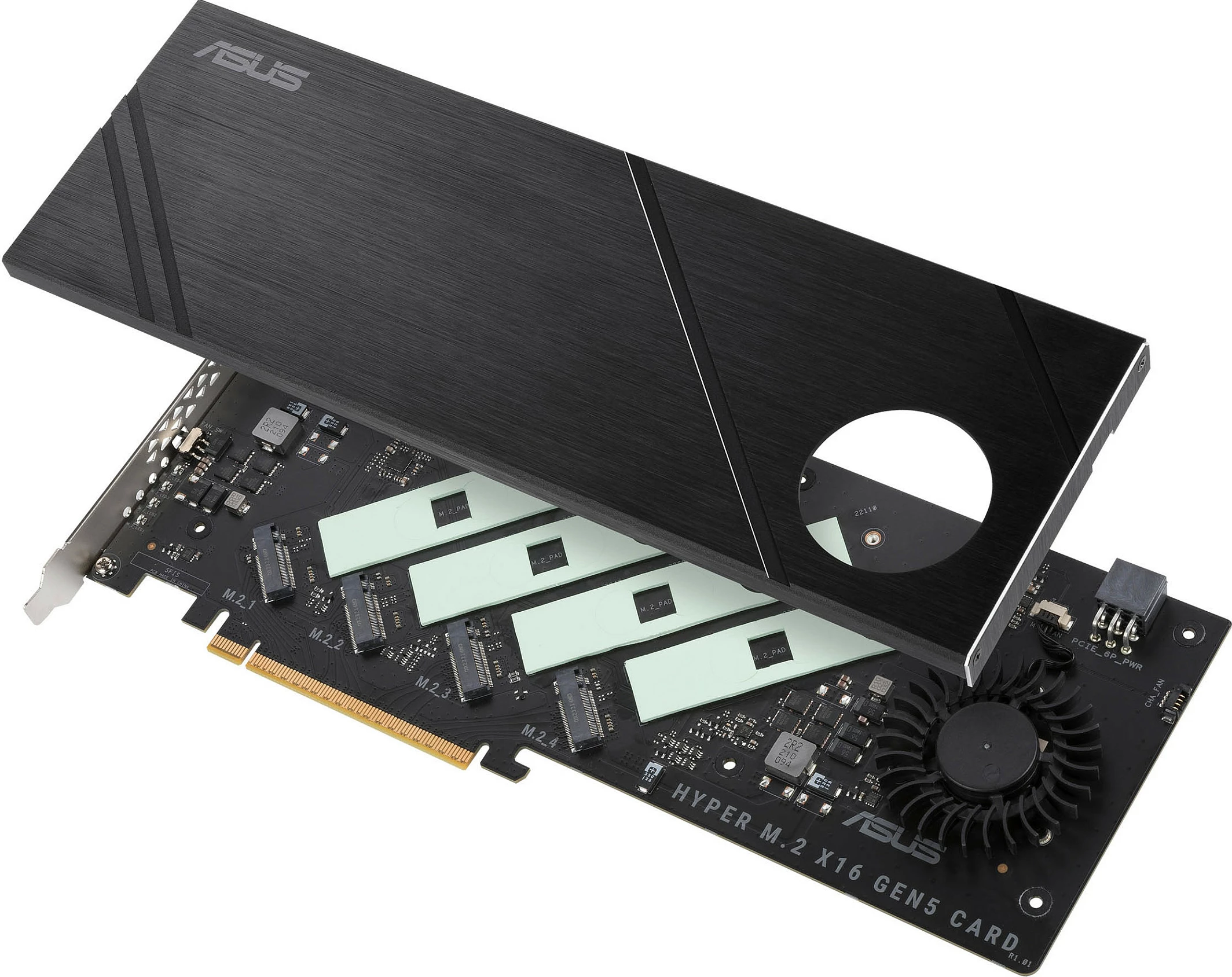 Kartë zgjerimi PCIe ASUS Hyper M.2 x16 Gen5 Card, PCIe 5.0, 4x M.2 NVMe, ftohje aktive, e zezë