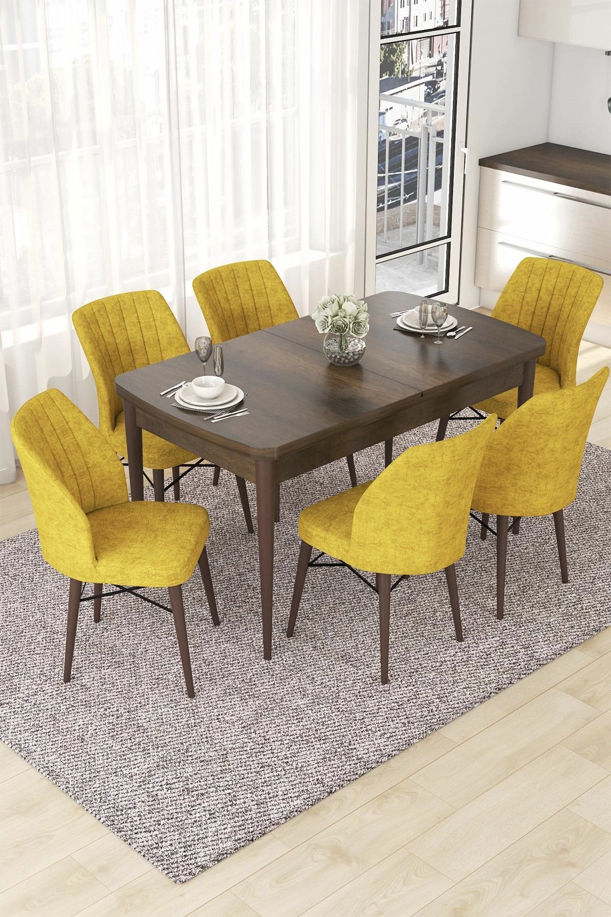 Tavolinë me karrige, zgjatshme, 7 copë, Skye Decor, ngjyrë barok dhe mustard