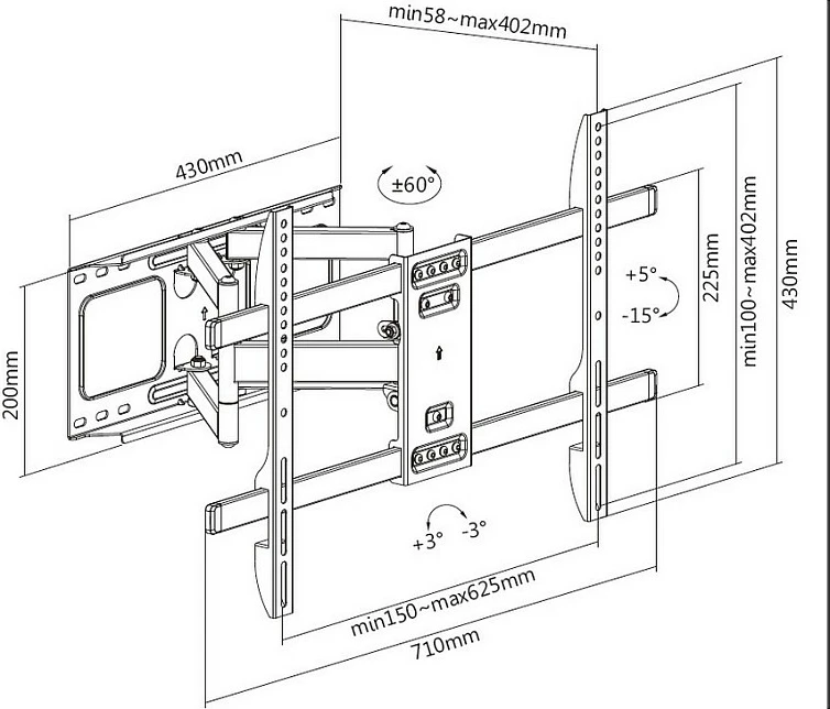 Mbajtëse muri për TV EQUIP 650335, 37-80", VESA 200x200-600x400, 60 kg, e zezë
