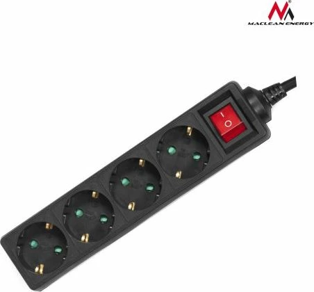 Zgjatues rryme Maclean MCE196, 4 prizë Schuko Type F, kabllo 3 m, 3500 W, me ndërprerës, i zi