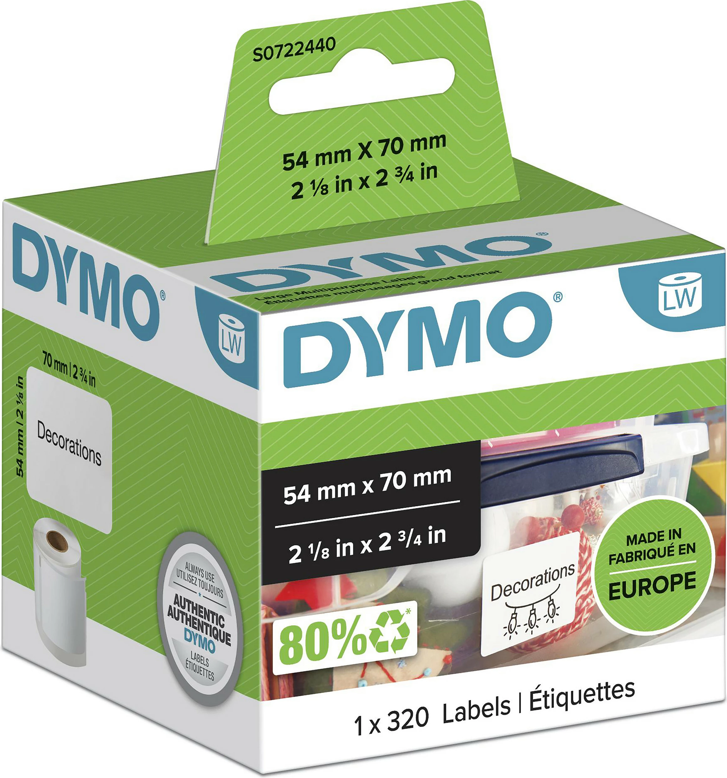 Etiketa vetëngjitëse Dymo LabelWriter S0722440, 54 x 70 mm, 1 rulë 320 copë, të bardha