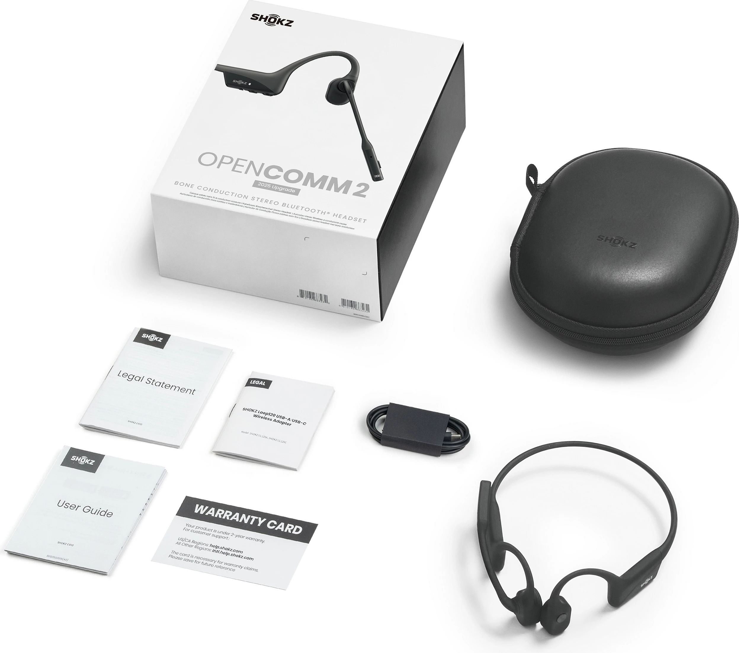 Kufje Shokz OpenComm2 2025 Upgrade, Bluetooth, bone conduction, mikrofon boom me anulim zhurme, USB-C, të zeza