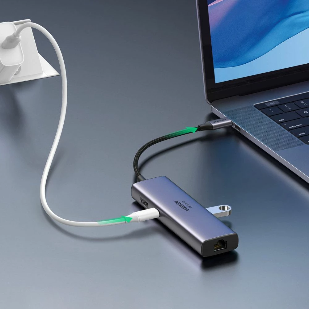 Replikator portash USB-C Ugreen CM512 (60515) 10Gbps 7-në-1 me HDMI, LAN Gigabit, SD/microSD, PD, 2x USB-A, 3x USB-C, gri