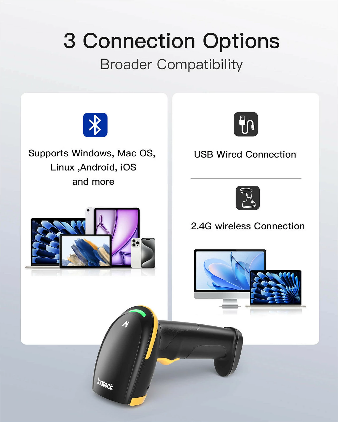 Skaner barkodi Inateck BCST-36, 2D, Bluetooth/USB, me bazë karikimi, Zi/Verdhë