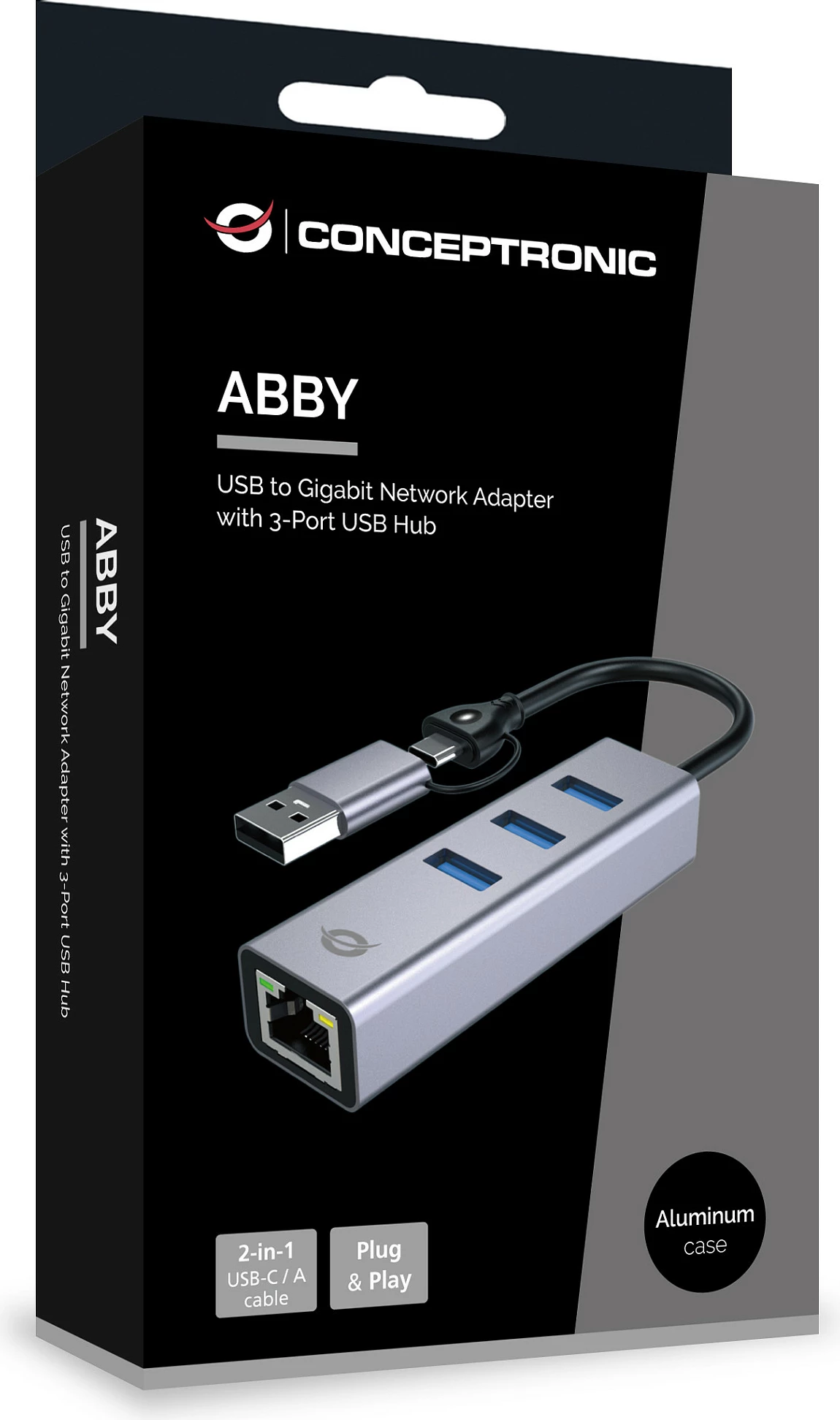 Adapter rrjeti Conceptronic ABBY25G, USB-C/USB-A në Gigabit Ethernet, hub 3x USB-A, gri