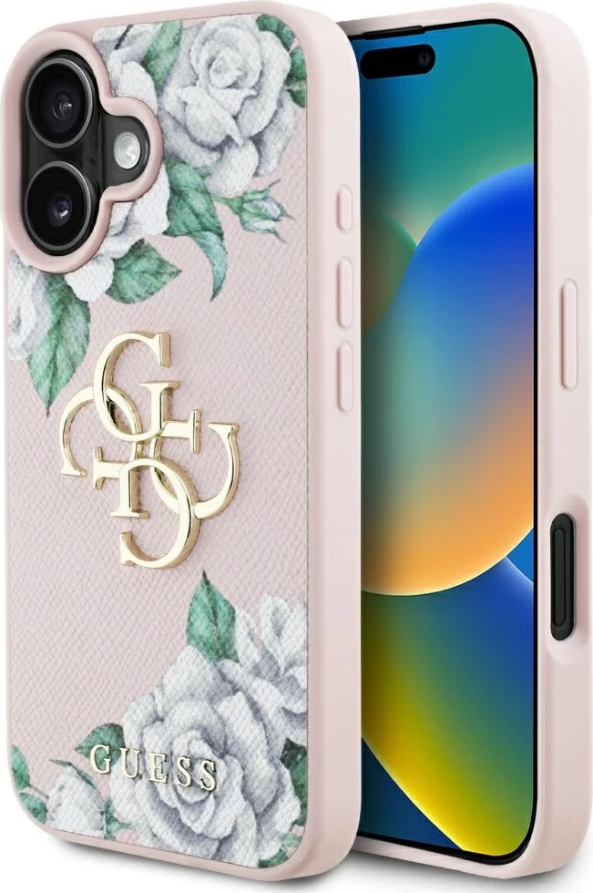 Mbështjellës Guess Grained Roses Big 4G logo për iPhone 16, Rozë