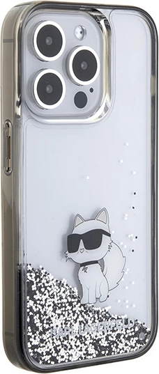 Mbështjellës Karl Lagerfeld Liquid Glitter Choupette për iPhone 15 Pro Max, Transparent/Silver
