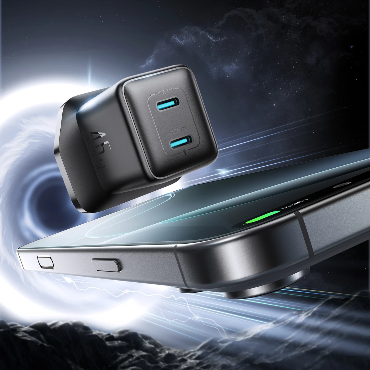 Karikues muri Joyroom JR-TCG17, 45W, 2x USB-C, pa kabllo, i zi, prizë UK