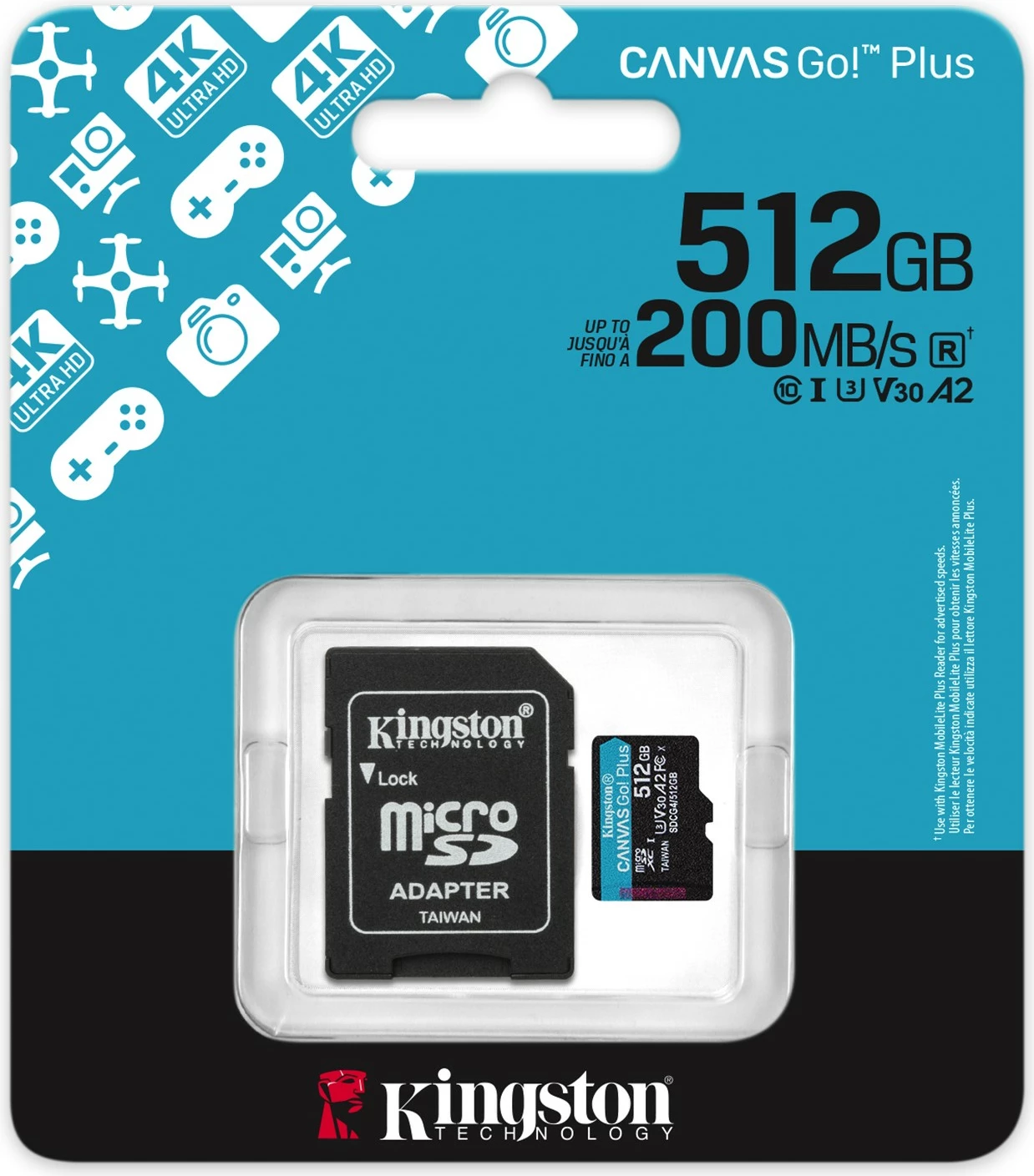 Kartelë microSD Kingston Canvas Go Plus 512GB, 200MB/s, me adapter, e zezë/turquoise