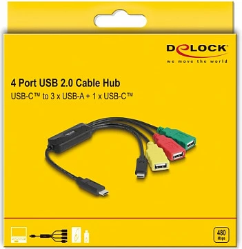 USB hub kabllor DeLOCK 4-Port, USB-C në 3x USB-A + 1x USB-C, 0.3m, shumëngjyrësh