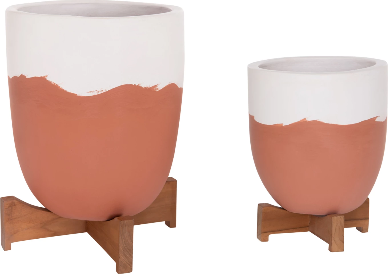 Set dy vazo për brenda, terrakotë, ngjyrë e bardhë & terrakotë, me bazë druri teak, SEON FH4686.08